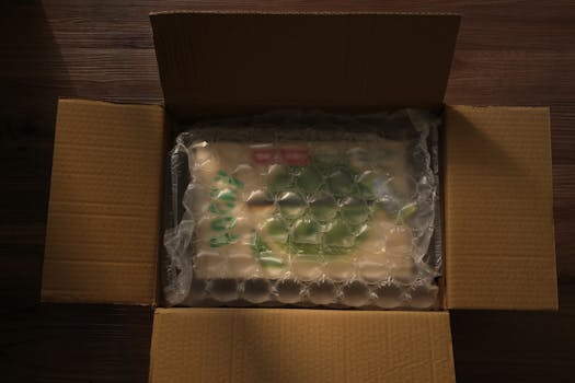 Open cardboard box displaying bubble-wrapped content, photographed indoors with soft lighting.