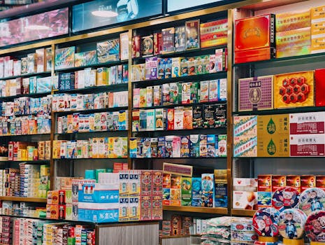 Bright and colorful display of various Asian products on supermarket shelves.